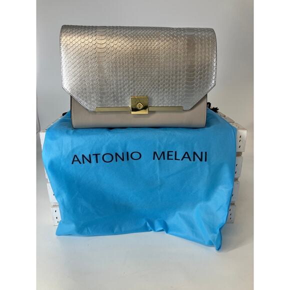 ANTONIO MELANI SILVER AND TAUPE LARGE ANIMAL PRINT HANDBAG - Picture 1 of 16